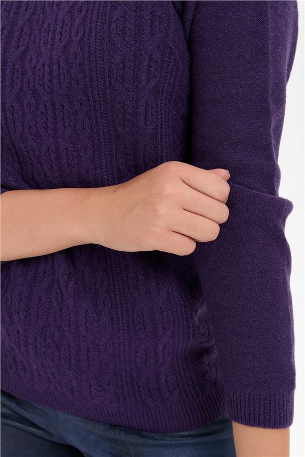 Kadın Sıfır Yaka Dikişsiz Önü Yürütmeli Yün Kazak K.Mor