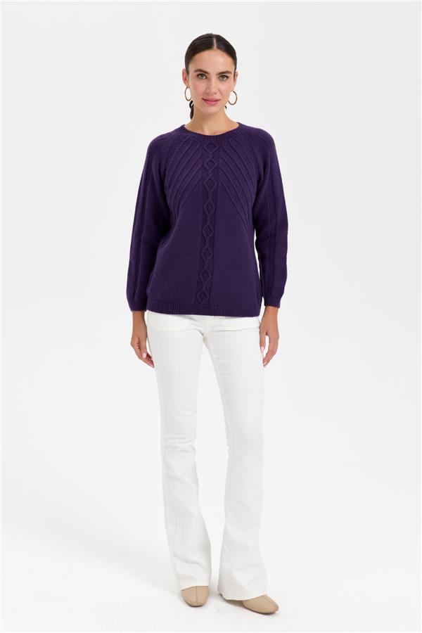 Kadın Sıfır Yaka Dkişsiz Önü Yürütmeli Yün Kazak K.Mor