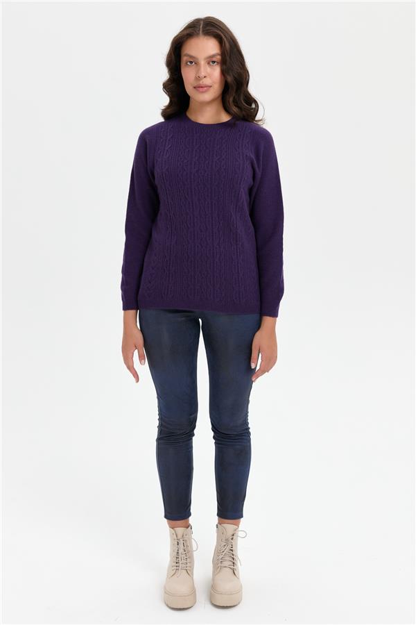 Kadın Sıfır Yaka Dikişsiz Önü Yürütmeli Yün Kazak K.Mor