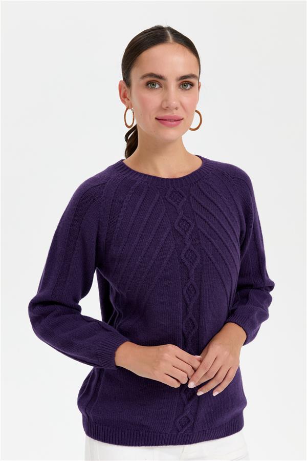 Kadın Sıfır Yaka Dkişsiz Önü Yürütmeli Yün Kazak K.Mor