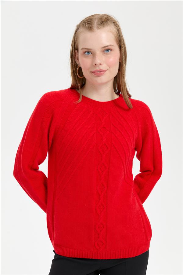 Kadın Sıfır Yaka Dkişsiz Önü Yürütmeli Yün Kazak Mercan