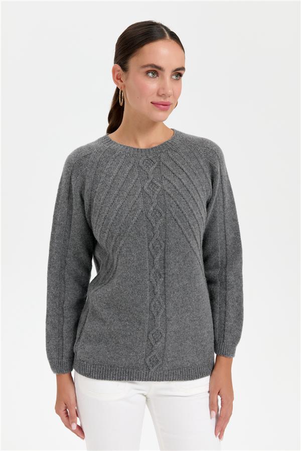 Kadın Sıfır Yaka Dkişsiz Önü Yürütmeli Yün Kazak Füme