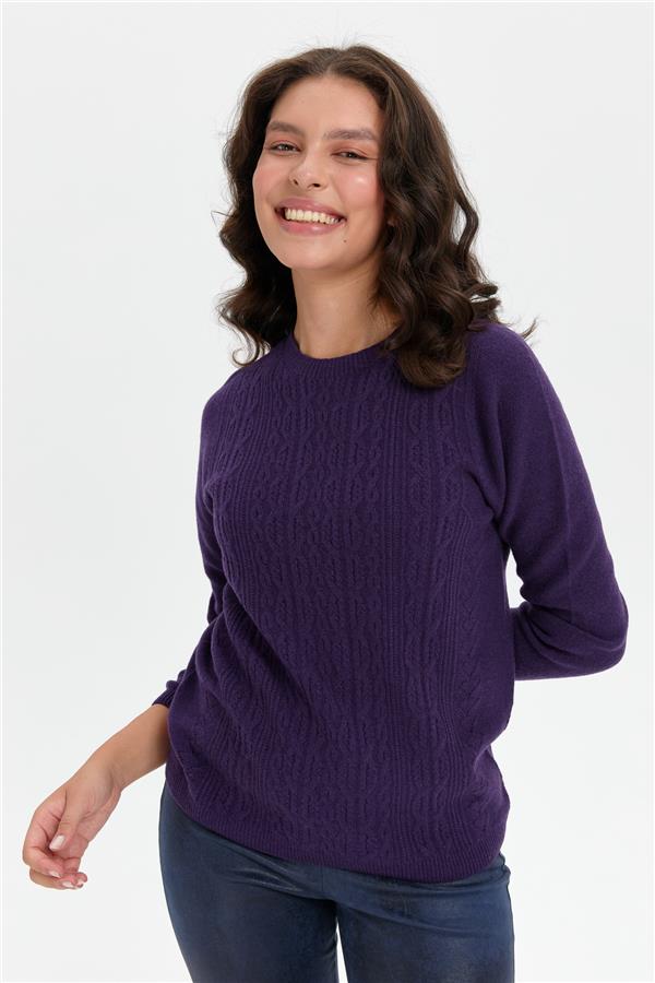 Kadın Sıfır Yaka Dikişsiz Önü Yürütmeli Yün Kazak K.Mor