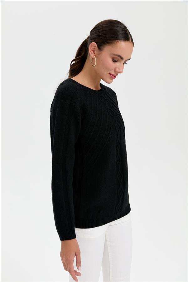 Kadın Sıfır Yaka Dkişsiz Önü Yürütmeli Yün Kazak Siyah