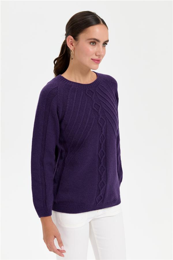 Kadın Sıfır Yaka Dkişsiz Önü Yürütmeli Yün Kazak K.Mor