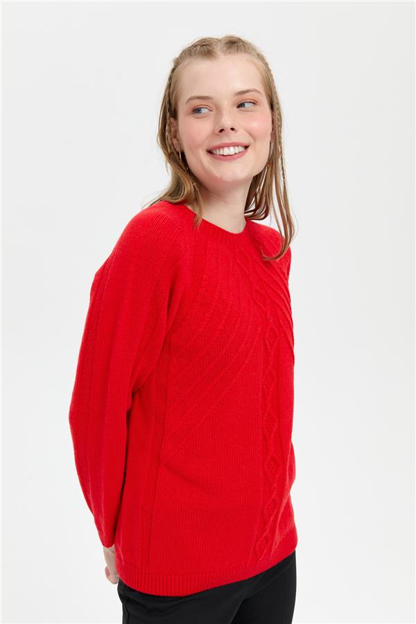 Kadın Sıfır Yaka Dkişsiz Önü Yürütmeli Yün Kazak Mercan