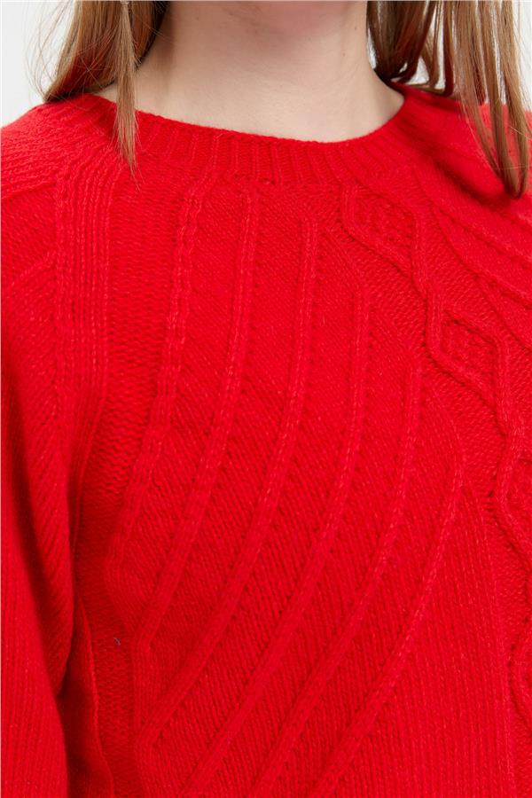 Kadın Sıfır Yaka Dkişsiz Önü Yürütmeli Yün Kazak Mercan