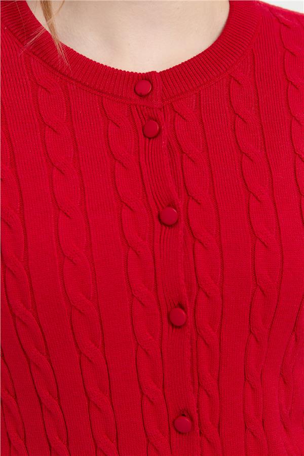 Kadın Sıfır Yaka Dikişsiz Saç Örgülü Hırka K.Kırmızı