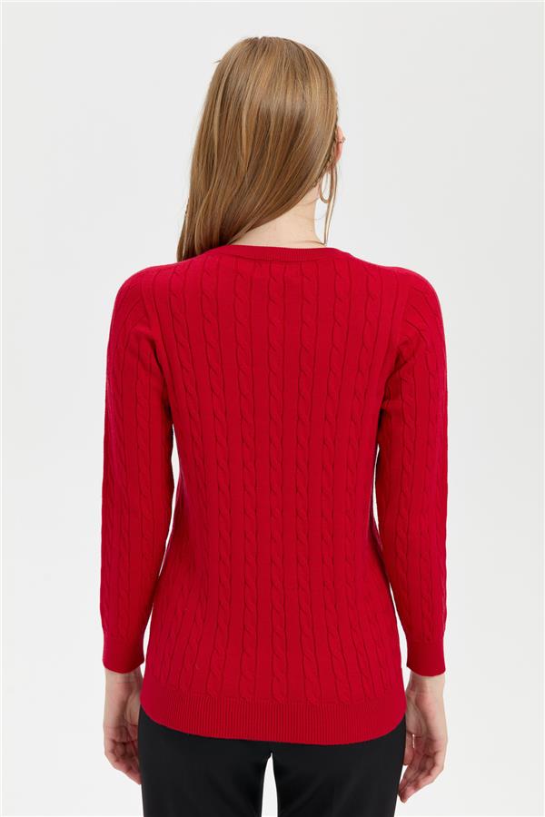 Kadın Sıfır Yaka Dikişsiz Saç Örgülü Hırka K.Kırmızı