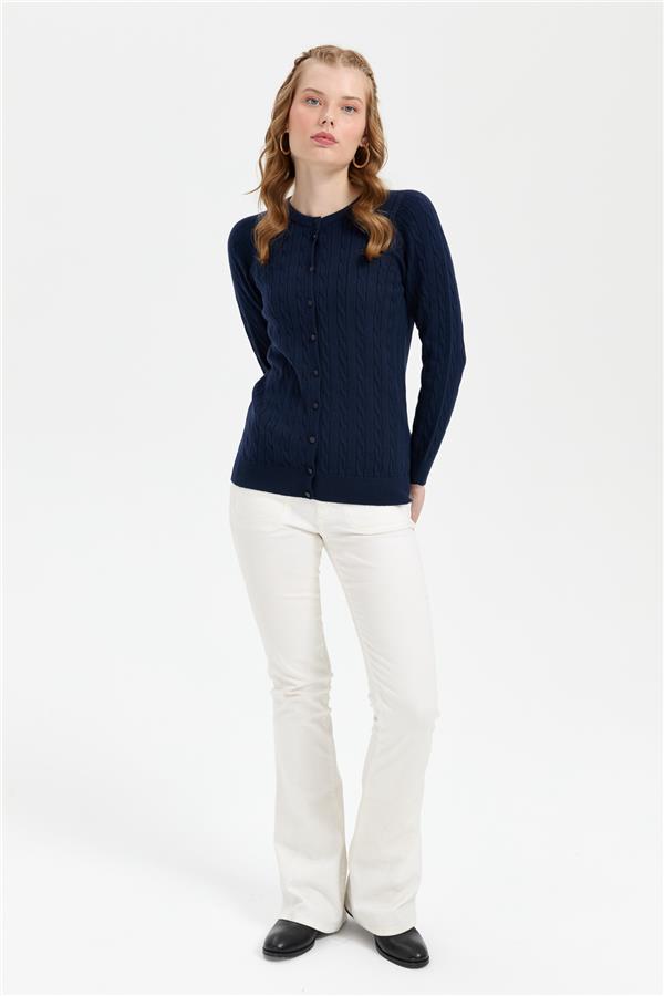 Kadın Sıfır Yaka Dikişsiz Saç Örgülü Hırka K.Lacivert