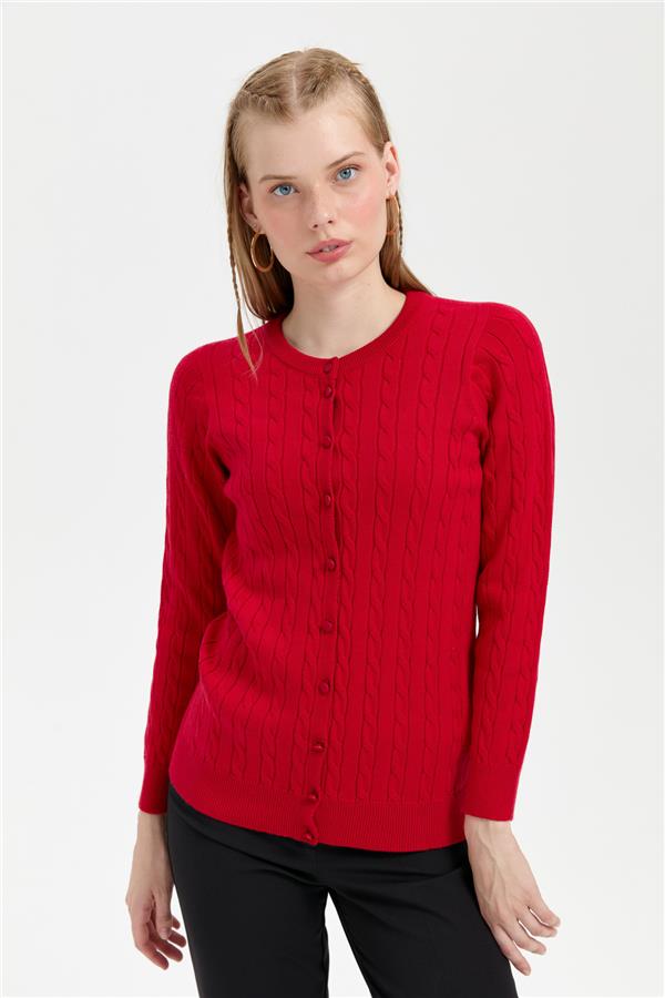 Kadın Sıfır Yaka Dikişsiz Saç Örgülü Hırka K.Kırmızı