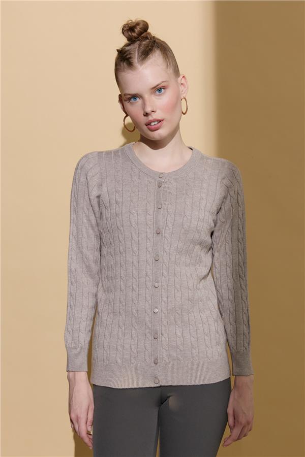 Kadın Sıfır Yaka Dikişsiz Saç Örgülü Hırka Vizon