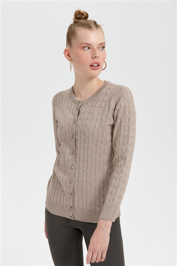 Kadın Sıfır Yaka Dikişsiz Saç Örgülü Hırka Vizon