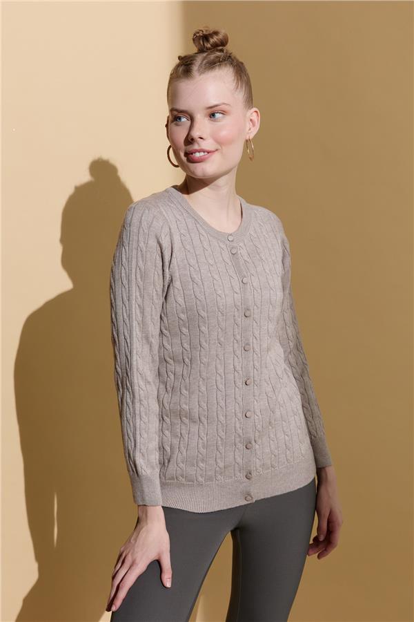 Kadın Sıfır Yaka Dikişsiz Saç Örgülü Hırka Vizon