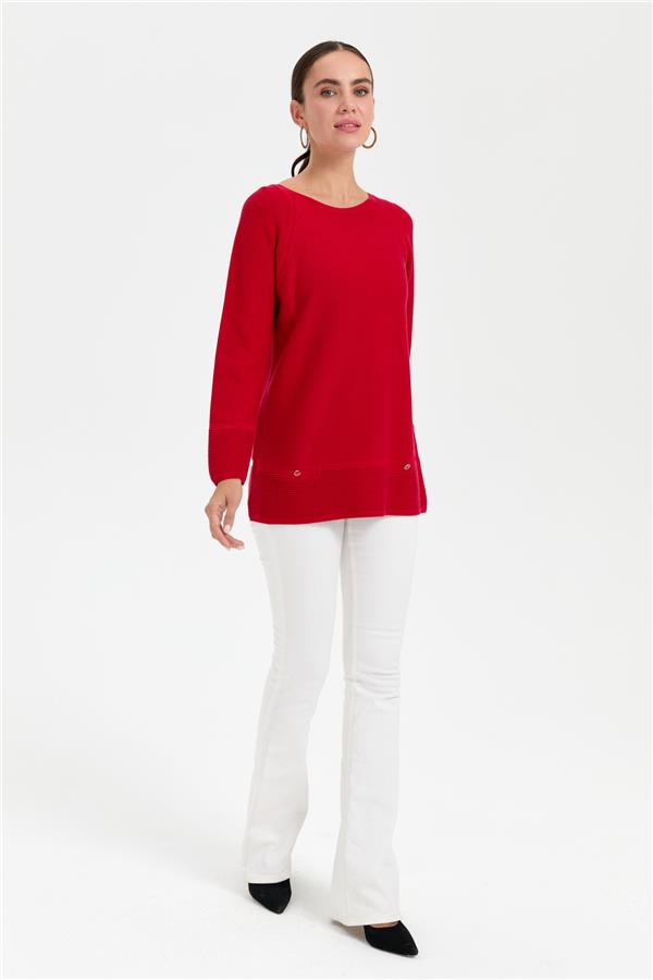 Kadın Sıfır Yaka Dikişsiz Sahte Cepli Kazak K.Kırmızı