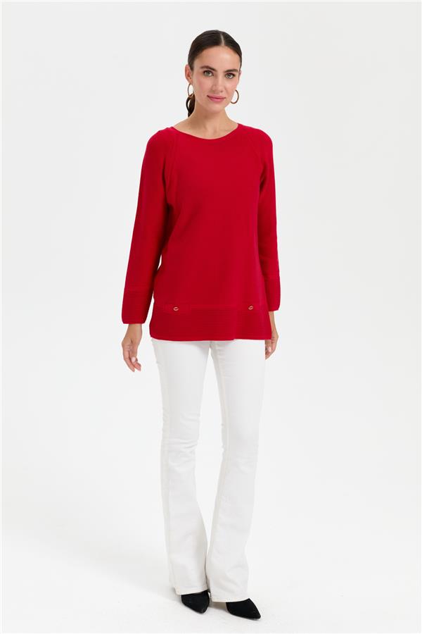 Kadın Sıfır Yaka Dikişsiz Sahte Cepli Kazak K.Kırmızı