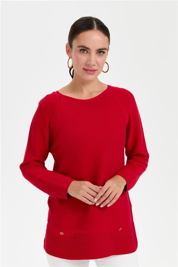 Kadın Sıfır Yaka Dikişsiz Sahte Cepli Kazak K.Kırmızı