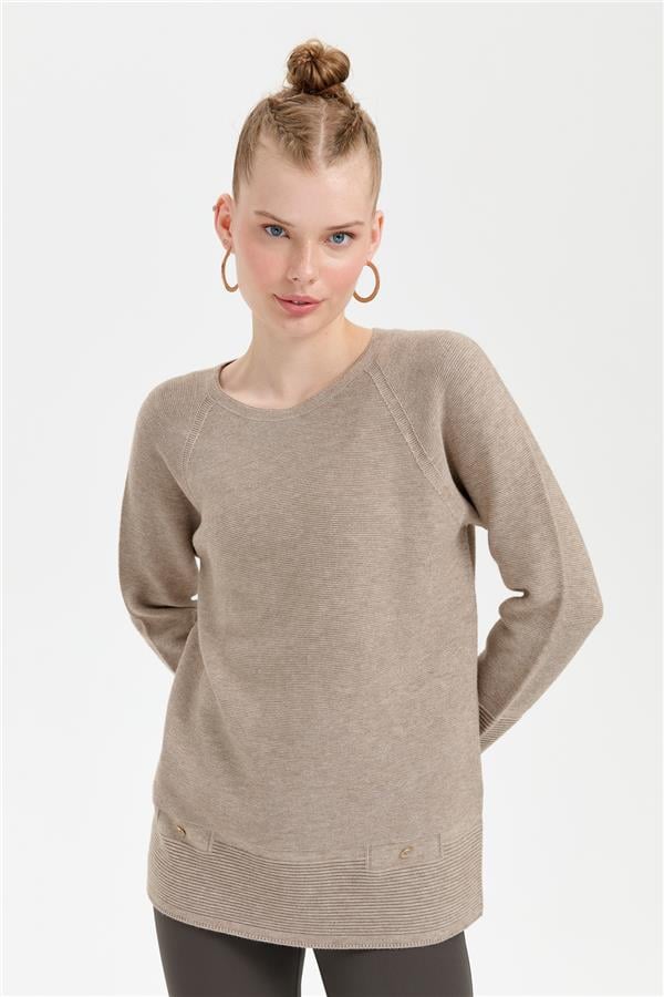 Kadın Sıfır Yaka Dikişsiz Sahte Cepli Kazak Vizon