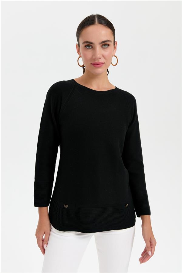 Kadın Sıfır Yaka Dikişsiz Sahte Cepli Kazak Siyah