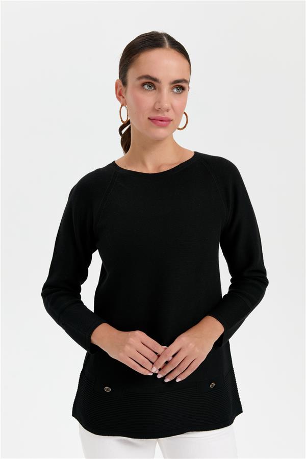 Kadın Sıfır Yaka Dikişsiz Sahte Cepli Kazak Siyah