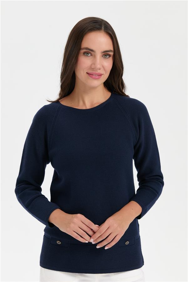 Kadın Sıfır Yaka Dikişsiz Sahte Cepli Kazak K.Lacivert