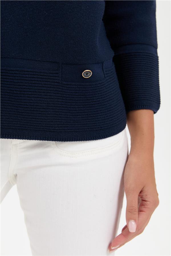 Kadın Sıfır Yaka Dikişsiz Sahte Cepli Kazak K.Lacivert