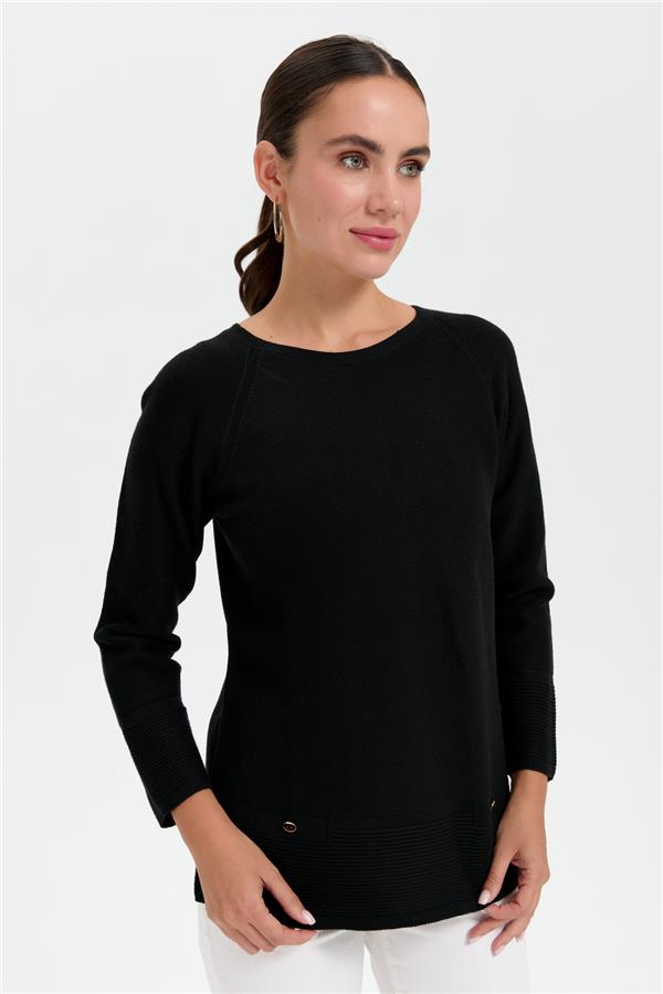 Kadın Sıfır Yaka Dikişsiz Sahte Cepli Kazak Siyah