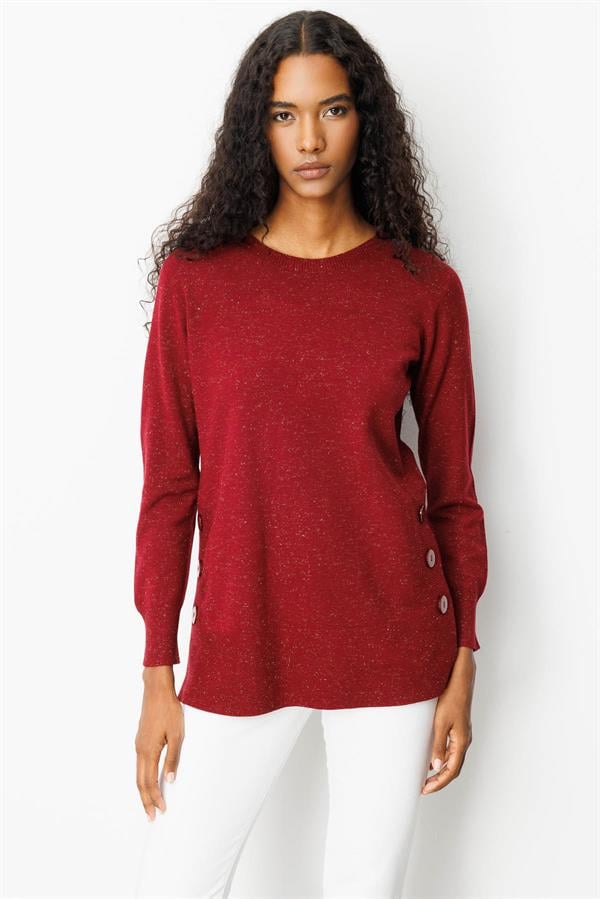 Kadın Sıfır Yaka Dikişsiz Yanları Düğmeli Simli Kazak Vişne