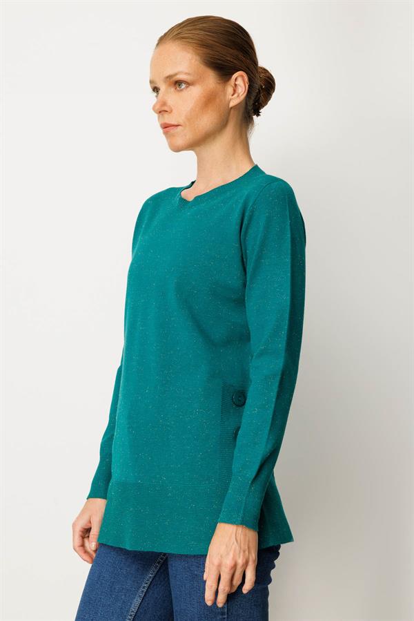 Kadın Sıfır Yaka Dikişsiz Yanları Düğmeli Simli Kazak A.Ö.Başı