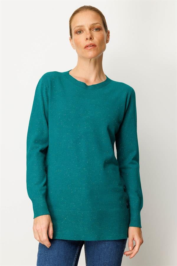 Kadın Sıfır Yaka Dikişsiz Yanları Düğmeli Simli Kazak A.Ö.Başı