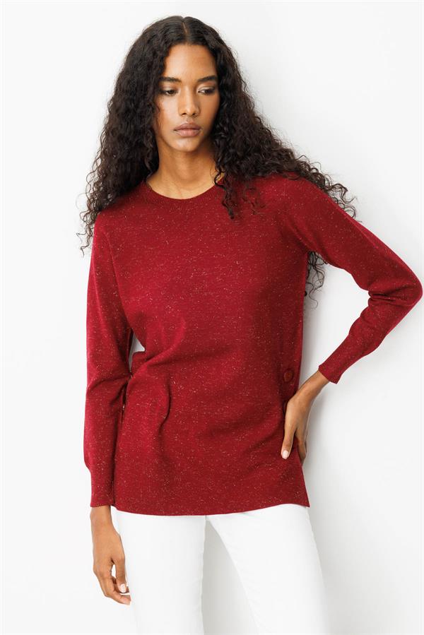 Kadın Sıfır Yaka Dikişsiz Yanları Düğmeli Simli Kazak Vişne