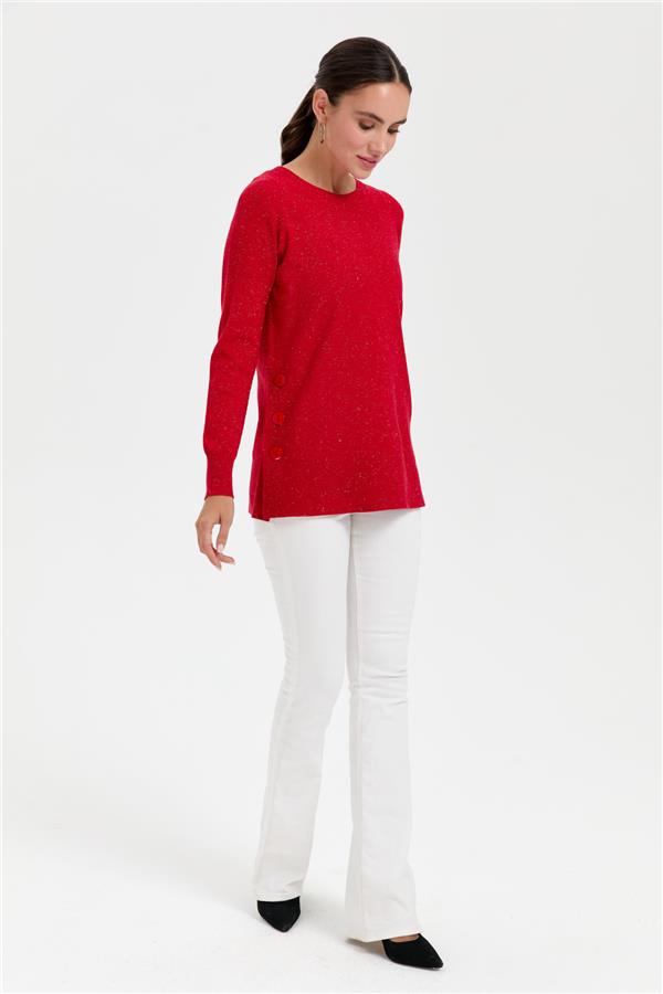 Kadın Sıfır Yaka Dikişsiz Yanları Düğmeli Simli Kazak Kırmızı