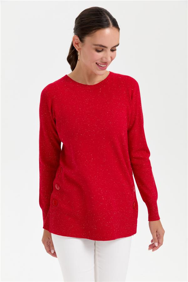 Kadın Sıfır Yaka Dikişsiz Yanları Düğmeli Simli Kazak Kırmızı