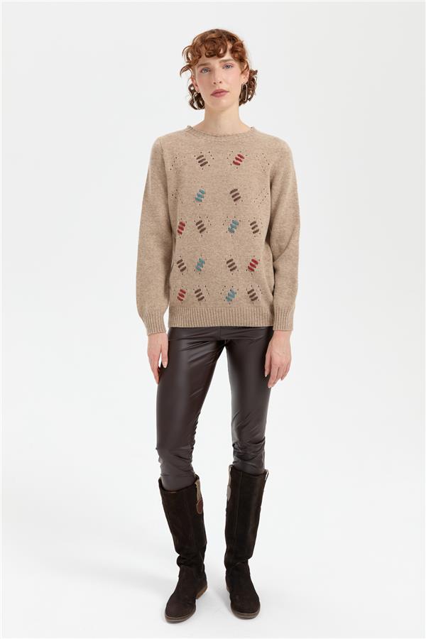 Kadın Sıfır Yaka Dikişsiz Yün Kazak K.Bej