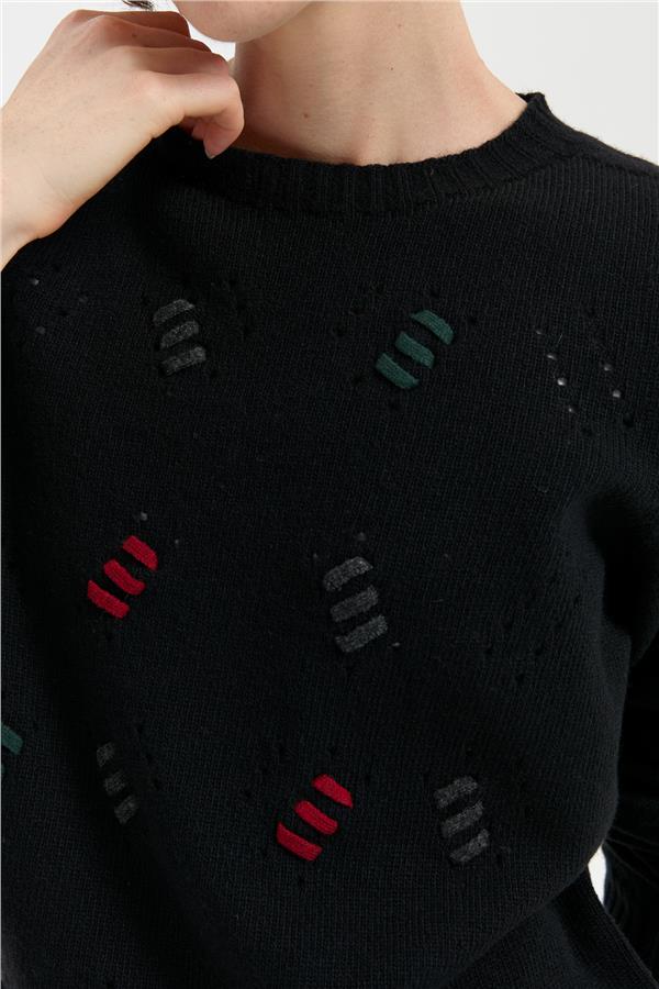 Kadın Sıfır Yaka Dikişsiz Yün Kazak Siyah