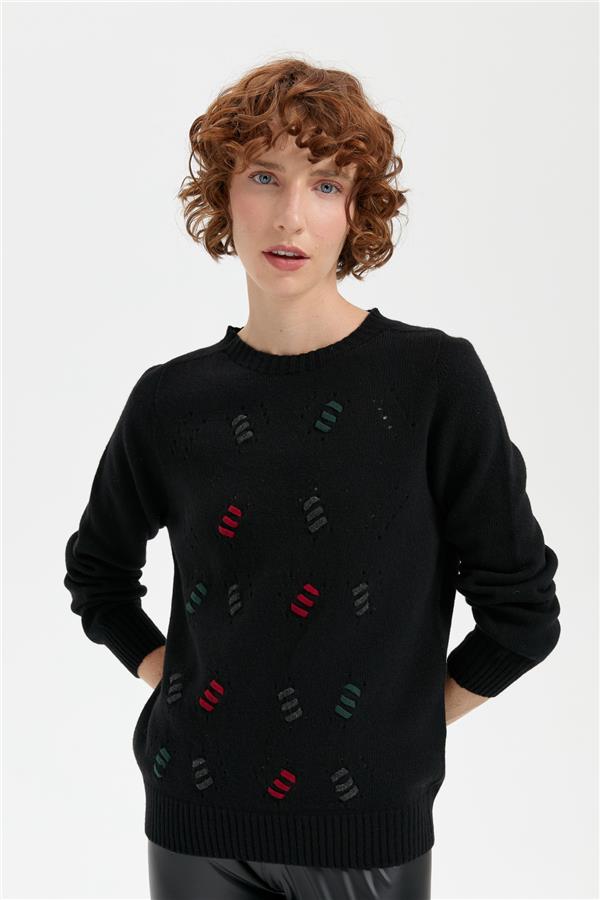 Kadın Sıfır Yaka Dikişsiz Yün Kazak Siyah