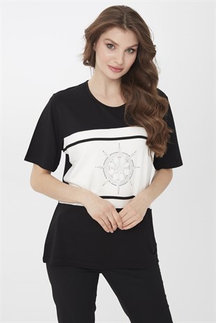 Kadın Sıfır Yaka Dümen Desenli Kısa Kol Bluz Siyah