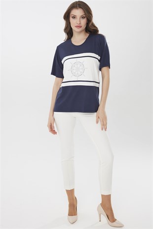 Womens Crew Neck Helm Patterned Short Sleeve Blouse Navy Blue