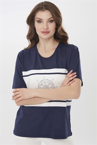 Womens Crew Neck Helm Patterned Short Sleeve Blouse Navy Blue