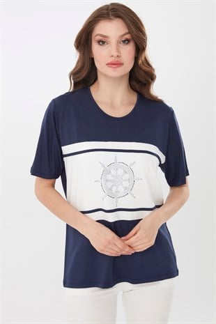 Womens Crew Neck Helm Patterned Short Sleeve Blouse Navy Blue