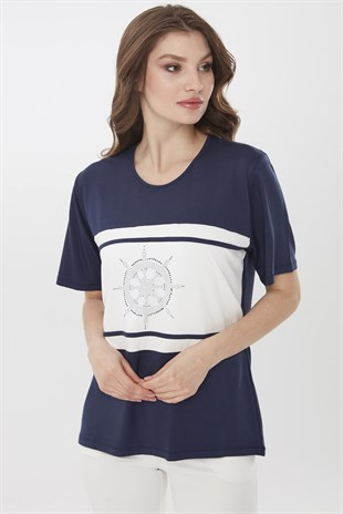 Womens Crew Neck Helm Patterned Short Sleeve Blouse Navy Blue