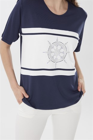 Womens Crew Neck Helm Patterned Short Sleeve Blouse Navy Blue