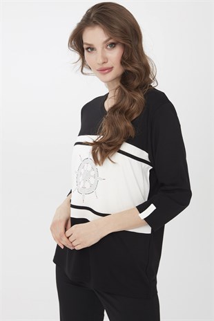 Kadın Sıfır Yaka Dümen Desenli Truvakar Kol Bluz Siyah