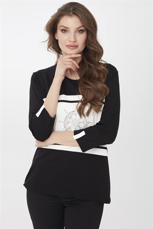 Kadın Sıfır Yaka Dümen Desenli Truvakar Kol Bluz Siyah