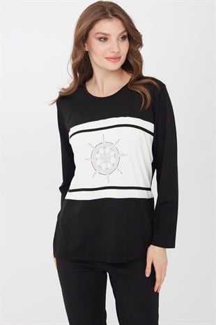 Kadın Sıfır Yaka Dümen İşlemeli Uzun Kol Bluz Siyah