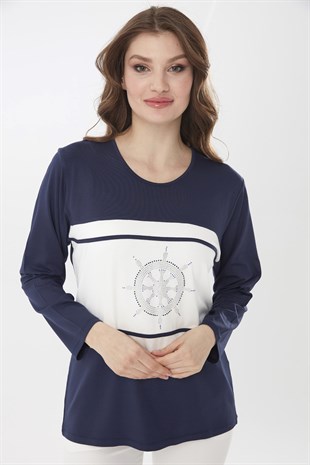 Kadın Sıfır Yaka Dümen İşlemeli Uzun Kol Bluz Lacivert