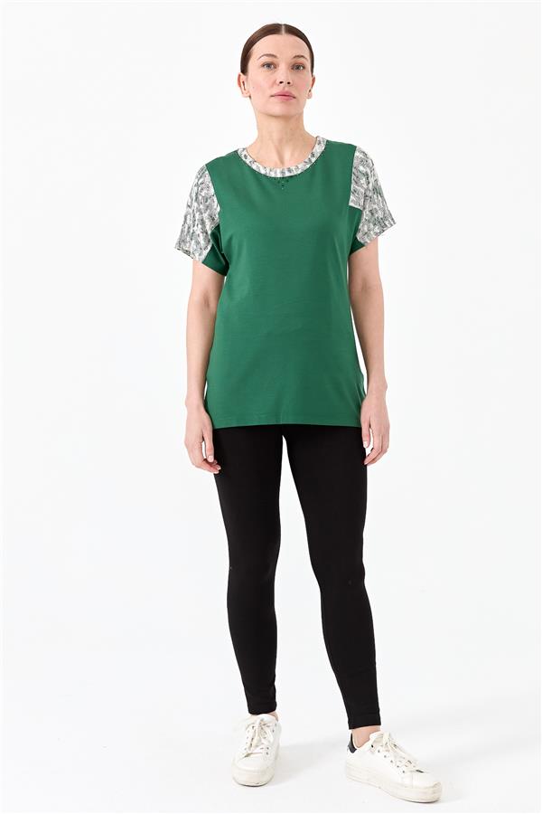 Womens Cotton Blouse With Round Neck Low Sleeves And Floral Print Green