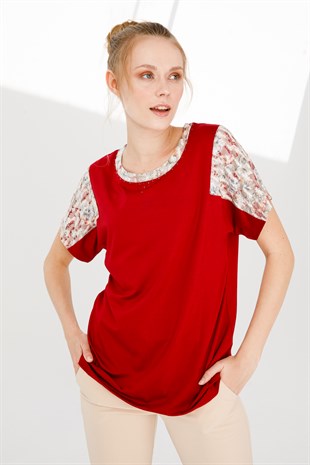 Kadın Sıfır Yaka Düşük Kol Çiçek Baskılı Penye Bluz K.Kırmızı