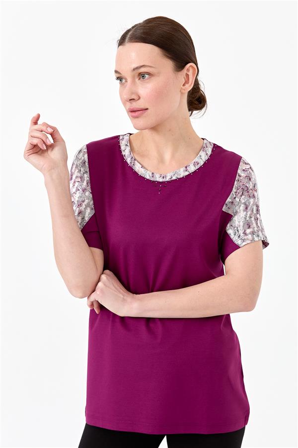 Womens Cotton Blouse With Round Neck Low Sleeves And Floral Print Plum 