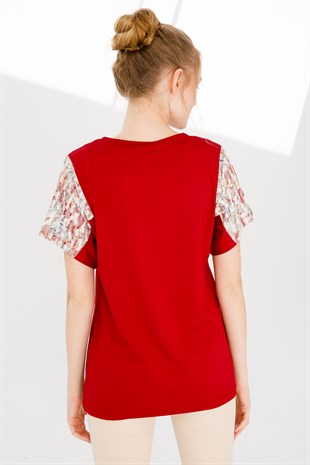 Kadın Sıfır Yaka Düşük Kol Çiçek Baskılı Penye Bluz K.Kırmızı